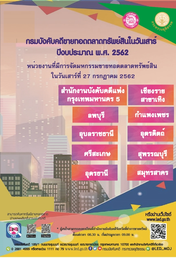 ﻿กรมบังคับคดีจัดการขายทอดตลาดทรัพย์สินทุกวันเสาร์ สำหรับเดือนกรกฎาคม 2562